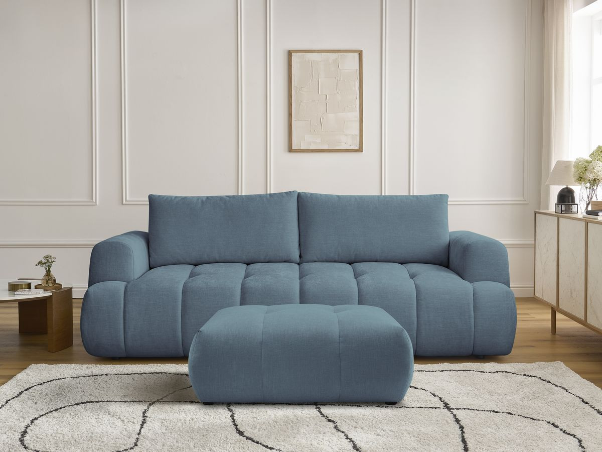 Bobochic Fuji Schlafsofa 3-Sitzer mit Bettkasten und Pouf Stoff Hellblau