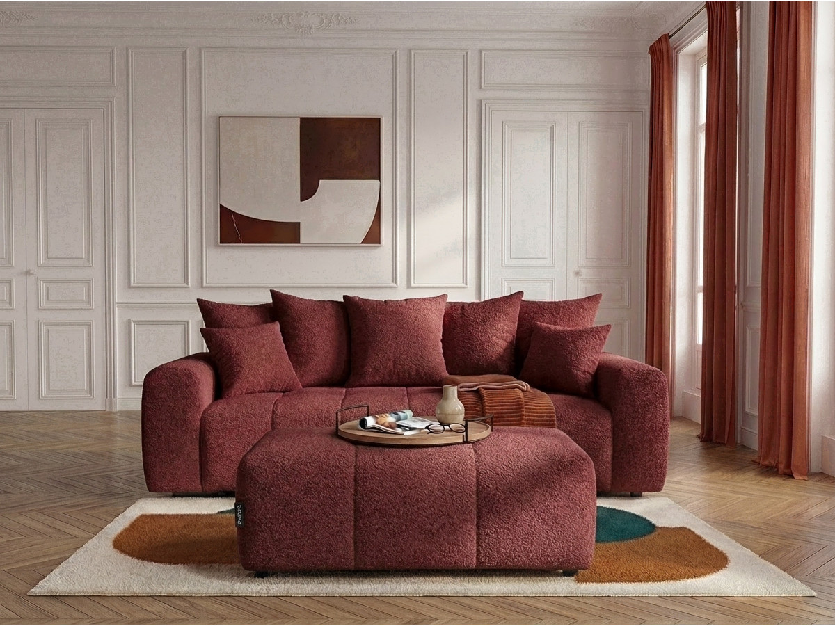 Bobochic Roxelane Schlafsofa 3-Sitzer mit Bettkasten und Pouf Bouclé-Stoff Rot
