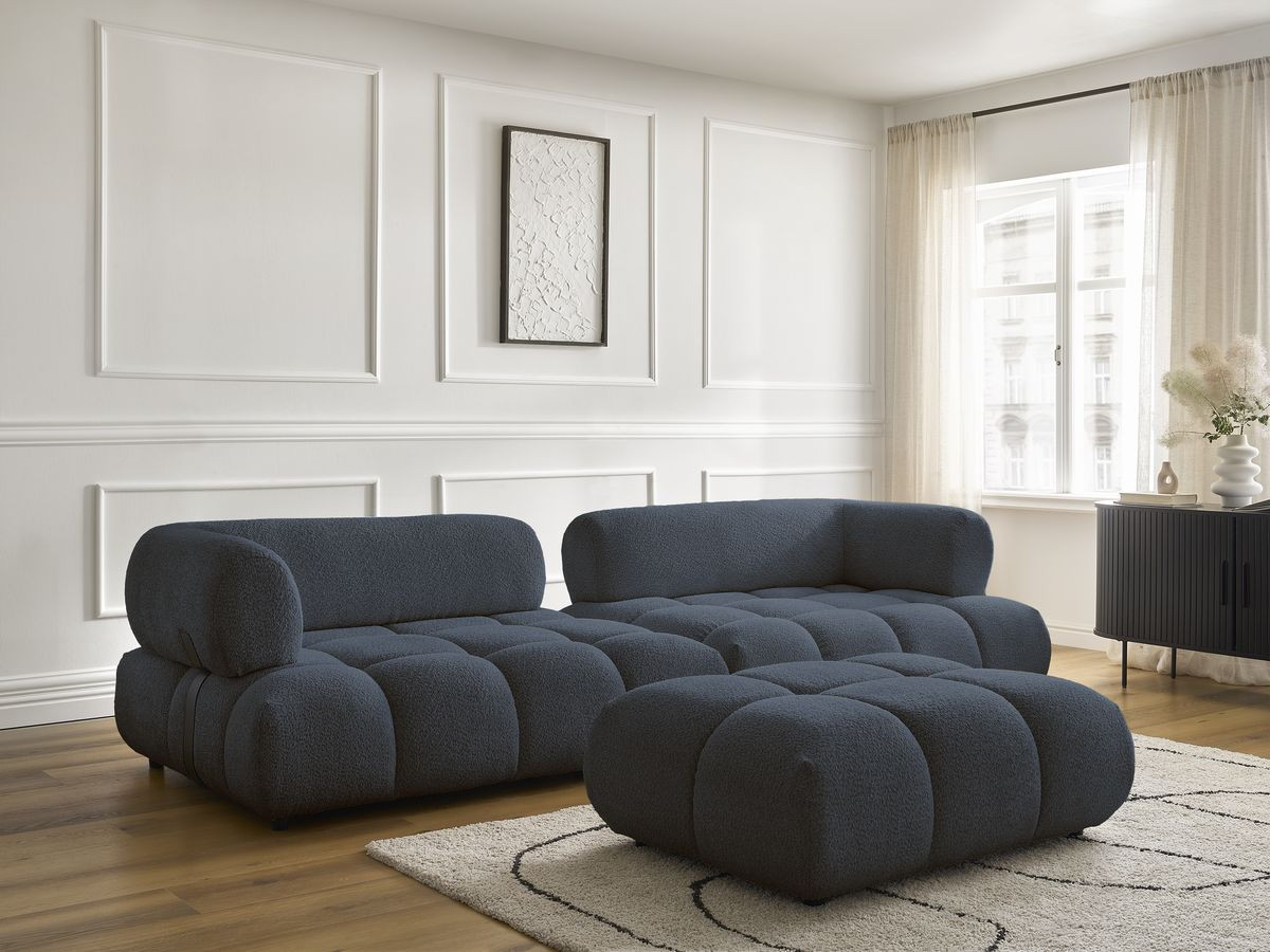 Bobochic Alya Sofa 4-Sitzer mit Pouf Bouclé-Stoff Dunkelblau