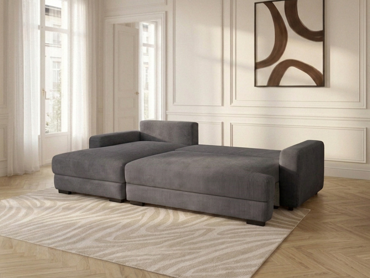Bobochic Campi Ecksofa mit Schlaffunktion und Bettkasten Cordsamt Dunkelgrau Ecke links
