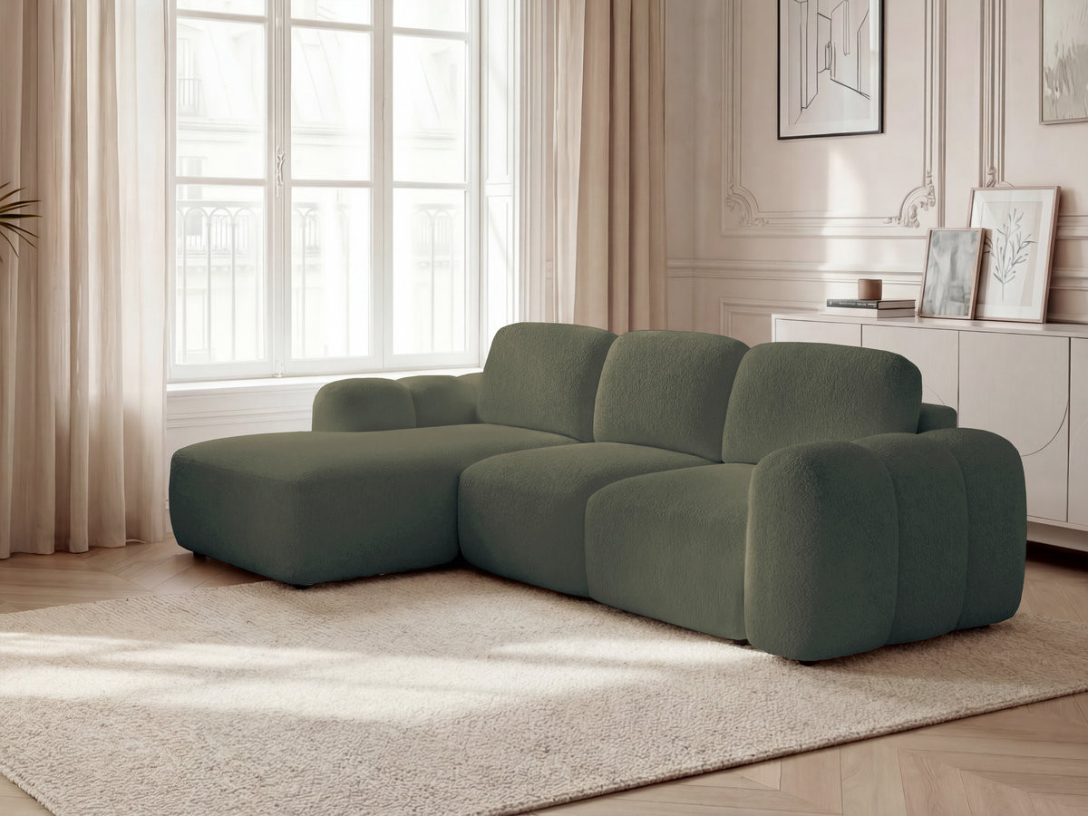 Bobochic Montaigne Ecksofa mit Schlaffunktion und Bettkasten 276 × 164 cm Bouclé-Stoff Grün Ecke links