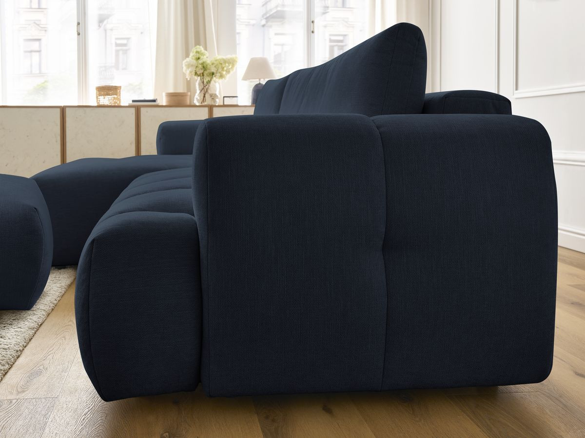 Bobochic Fuji Ecksofa mit Schlaffunktion und Bettkasten und Pouf 292 × 160 cm Stoff Dunkelblau Ecke links