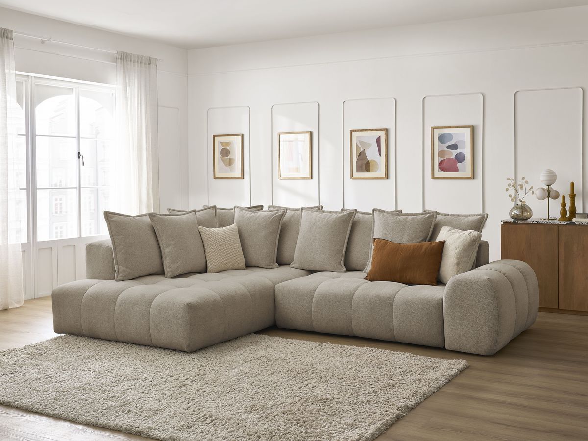Bobochic Everest Ecksofa mit Schlaffunktion und Bettkasten 320 × 212 cm, 10 Kissen Melange-Stoff Taupe Ecke links