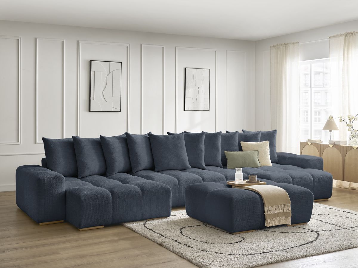 Bobochic Anakin Wohnlandschaft mit Pouf, Liegefläche 137 × 382 cm, 10 Kissen Strukturstoff Dunkelblau