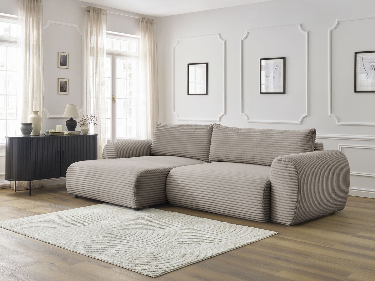 Bobochic Lucien Ecksofa mit Schlaffunktion und Bettkasten 314 × 167 cm Breitcord weich Taupe Ecke links