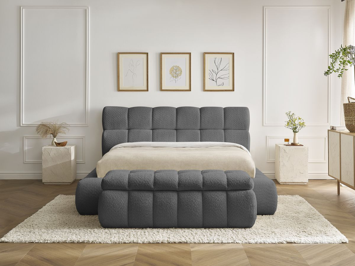 Bobochic Mont-blanc Polsterbett mit Bettkasten mit Bettbank Bouclé-Stoff Dunkelgrau, Liegefläche 140 × 190 cm