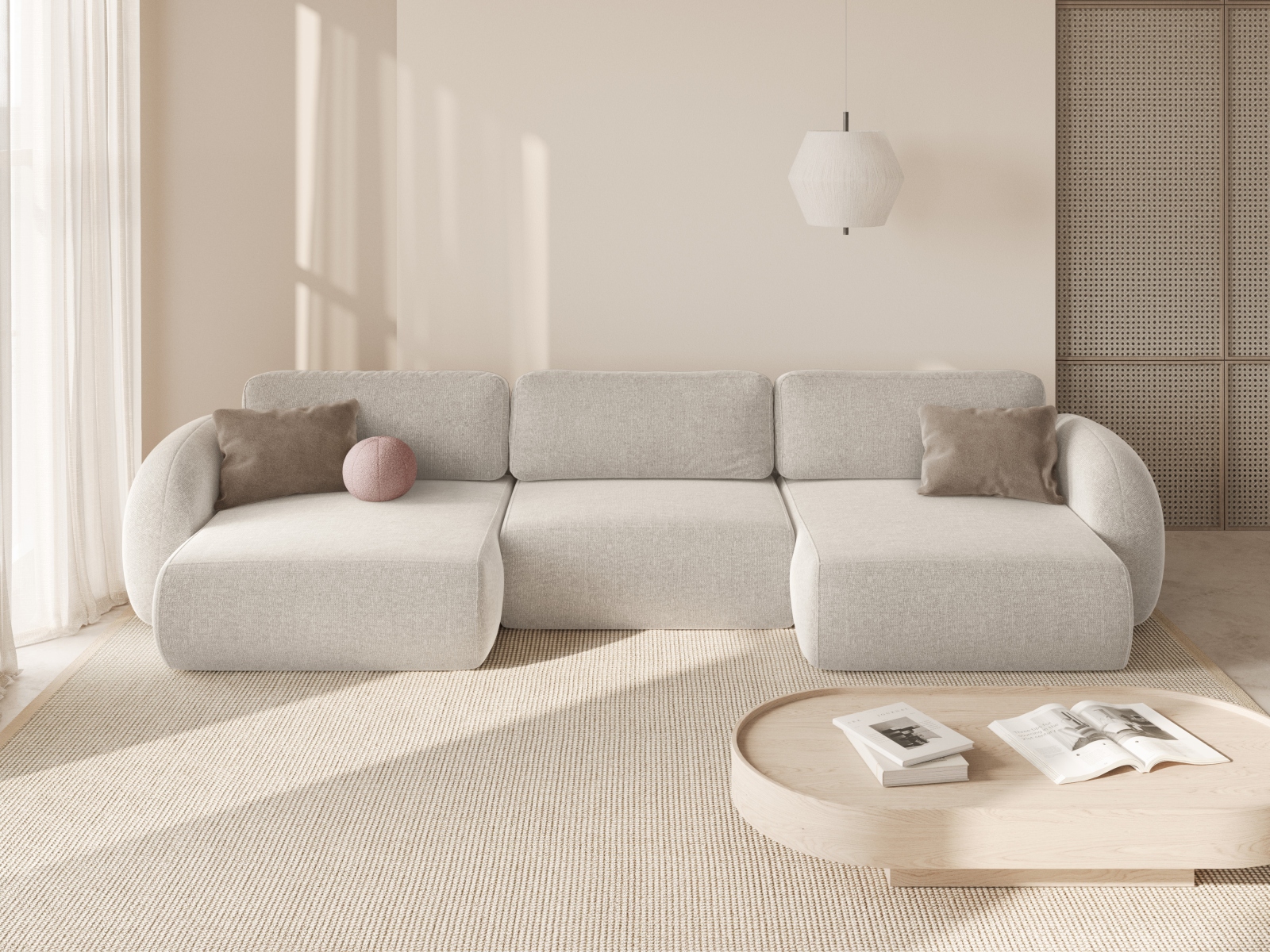 Cosmopolitan Design Panoramasofa Tonale 5-Sitzer mit Schlaffunktion und Bettkasten Chenille Eden Helles Beige