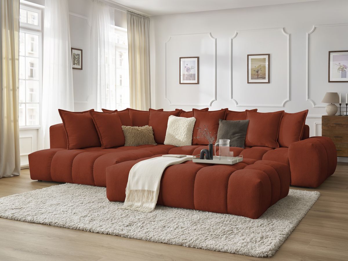 Bobochic Everest Ecksofa mit Schlaffunktion und Pouf, 10 Kissen Strukturstoff Orange Ecke links