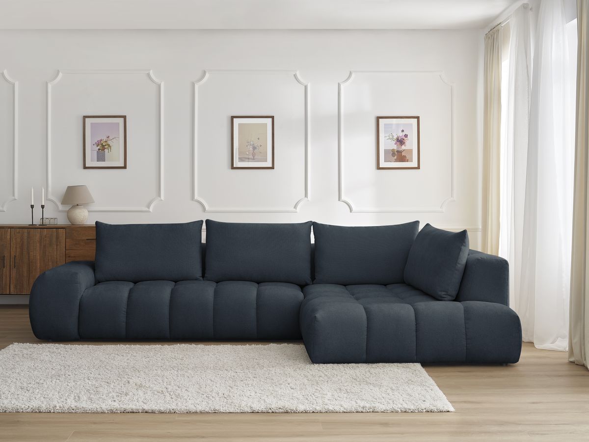 Bobochic Everest Ecksofa, 4 Kissen Strukturstoff Dunkelblau Ecke rechts