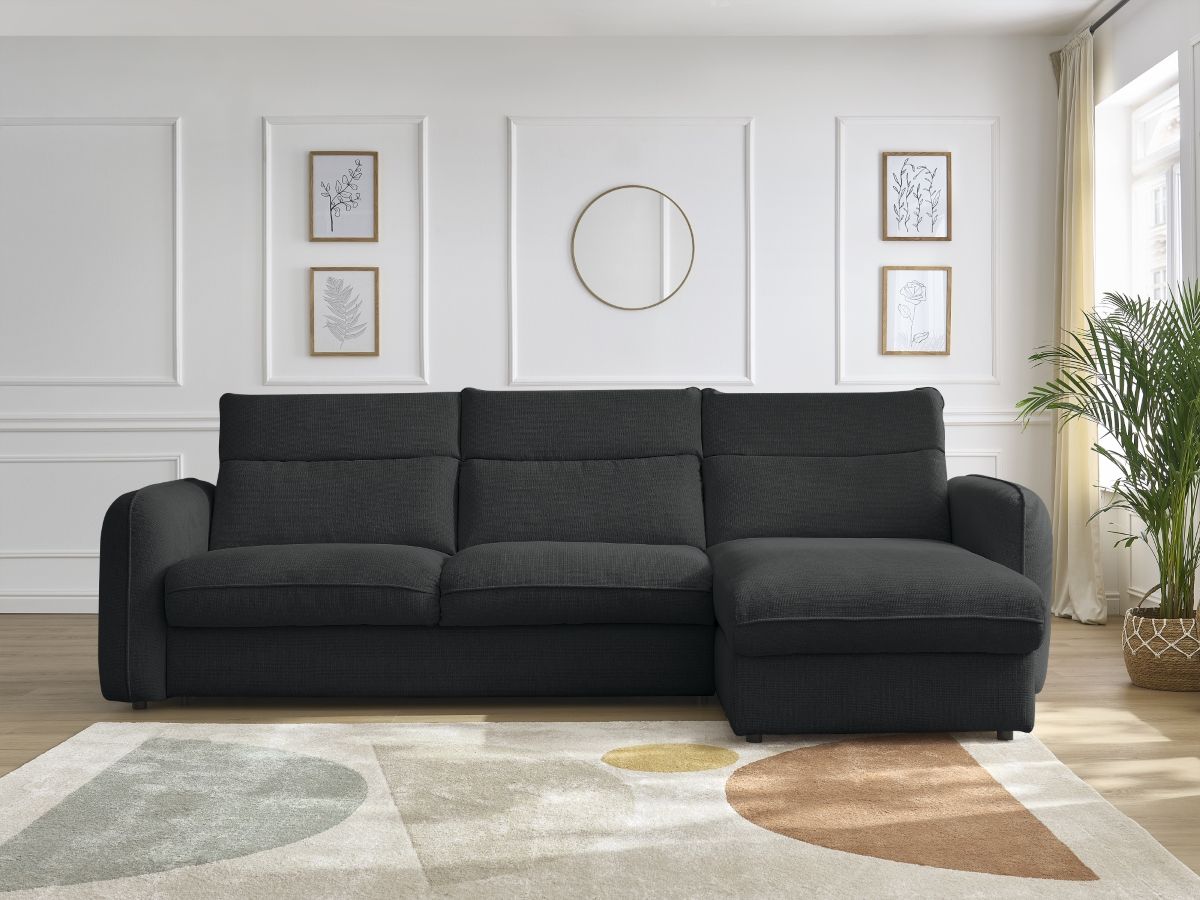 Bobochic Achille Ecksofa mit Schlaffunktion und Bettkasten Melange-Stoff Schwarz, Liegefläche 160 × 200 cm
