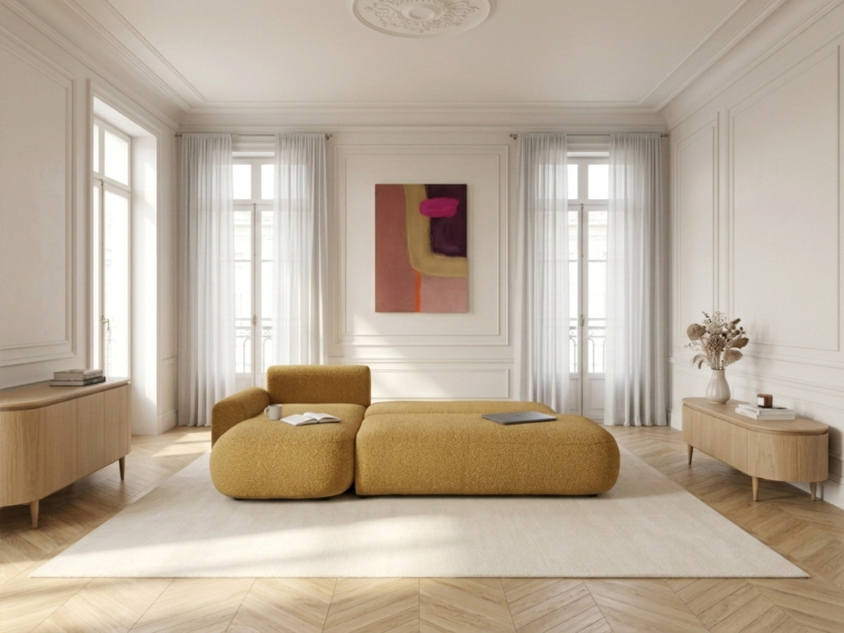 Bobochic Tango Ecksofa mit Schlaffunktion und Bettkasten Bouclé-Stoff Gelb Ecke links