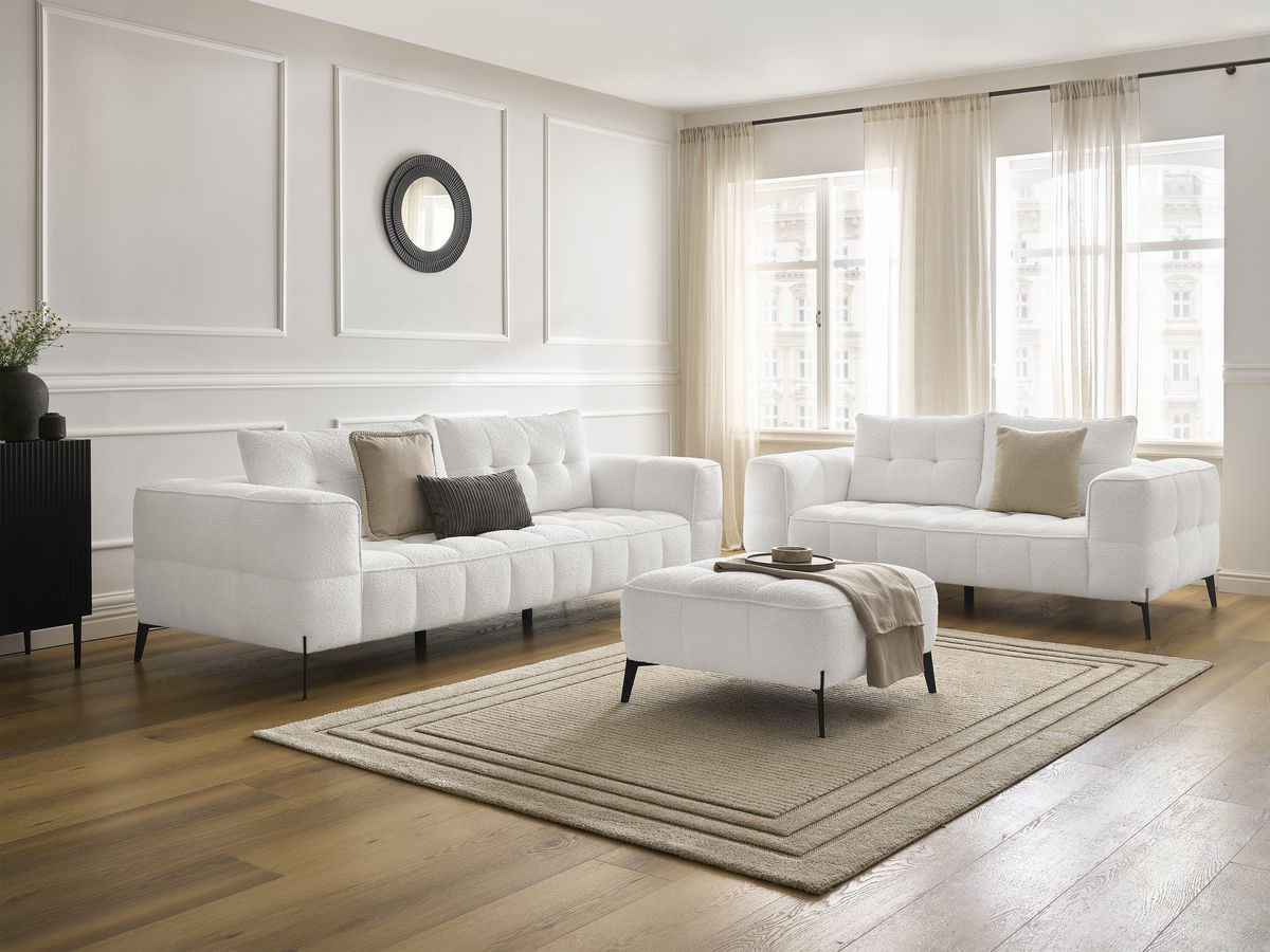 Bobochic Anis Sofa 5-Sitzer mit Pouf Bouclé-Stoff Weiß