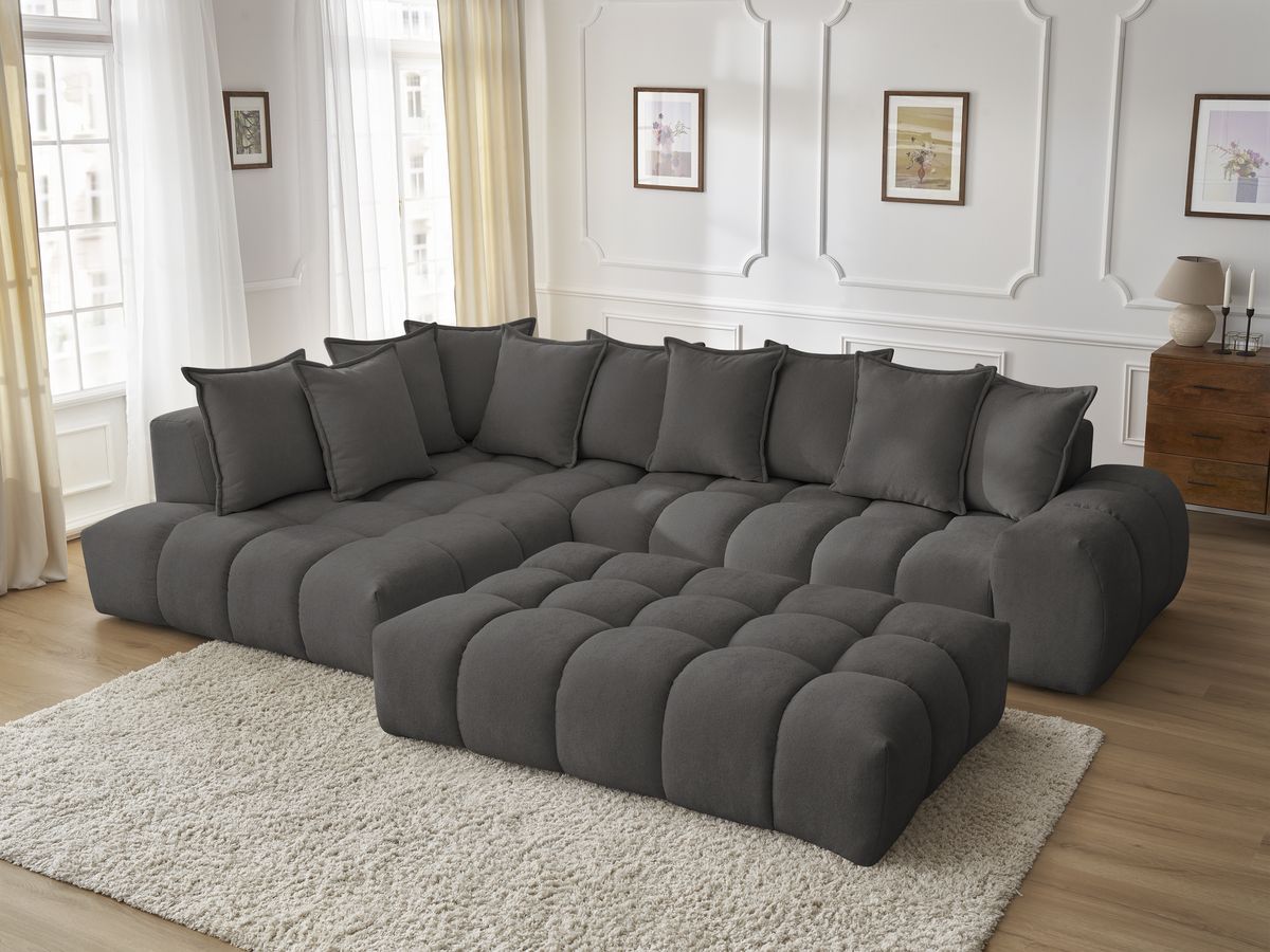 Bobochic Everest Ecksofa mit Schlaffunktion und Pouf, 10 Kissen Strukturstoff Dunkelgrau Ecke links