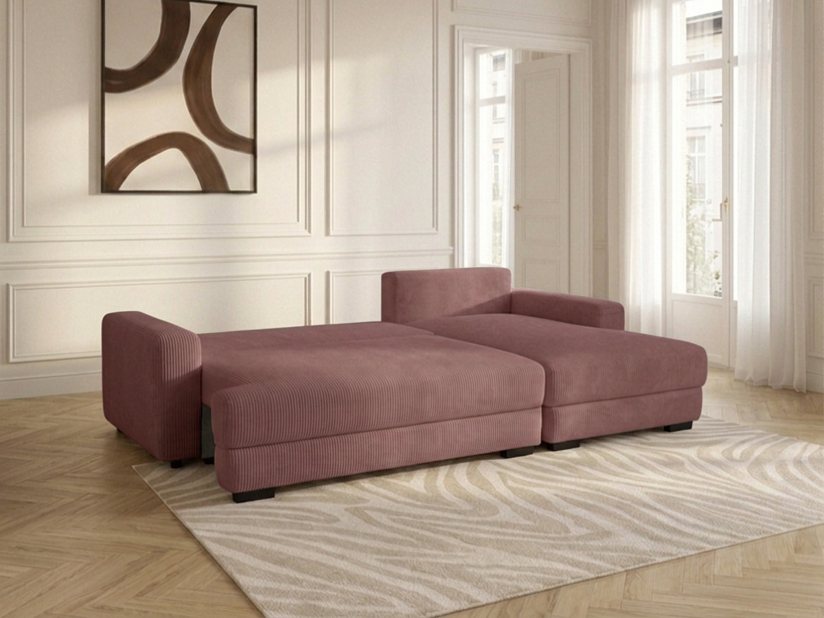 Bobochic Campi Ecksofa mit Schlaffunktion und Bettkasten Cordsamt Rosa Ecke rechts