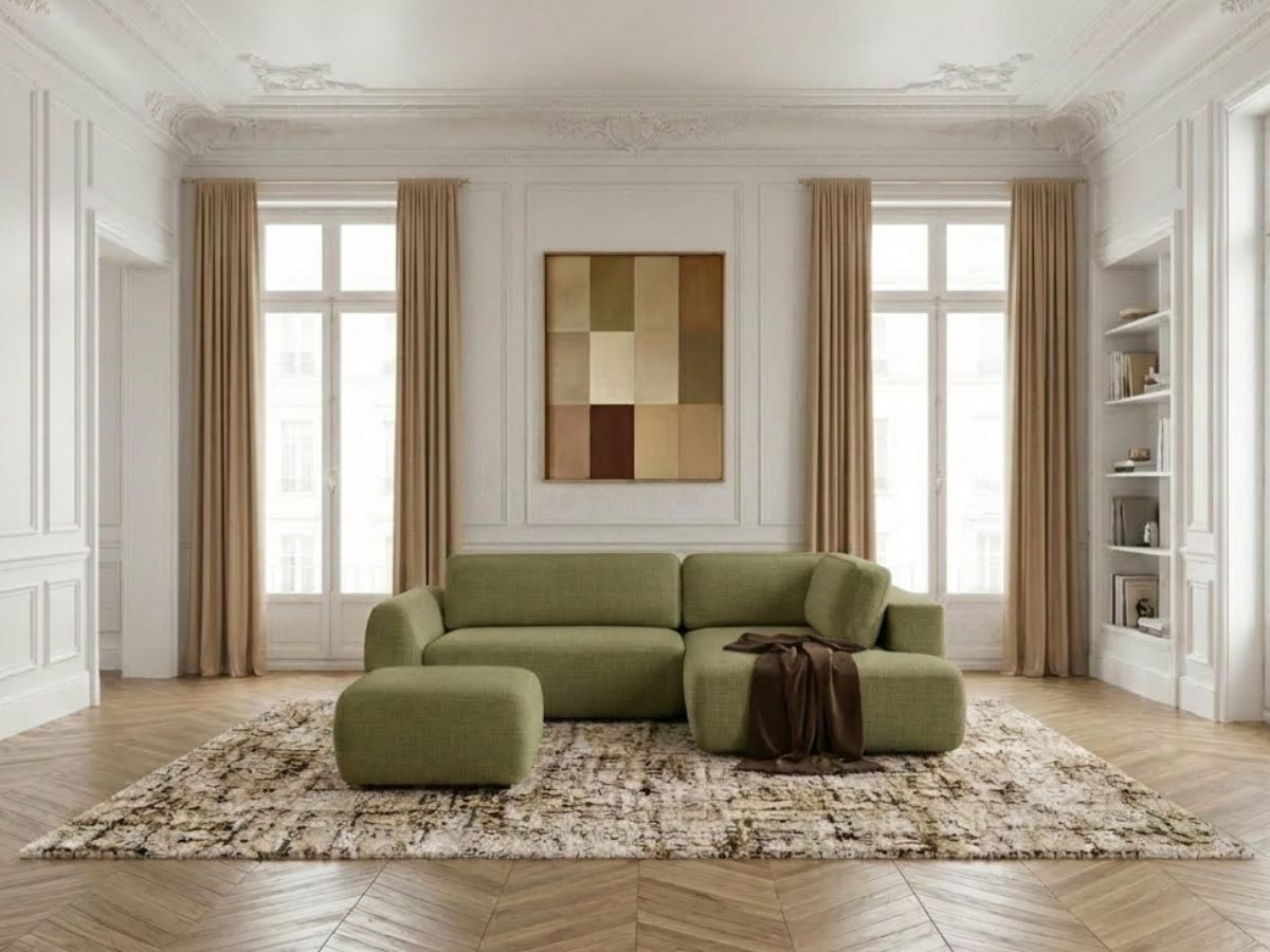 Bobochic Denise Ecksofa mit Schlaffunktion und Bettkasten und Pouf 256 × 197 cm Strukturstoff Grün Ecke rechts