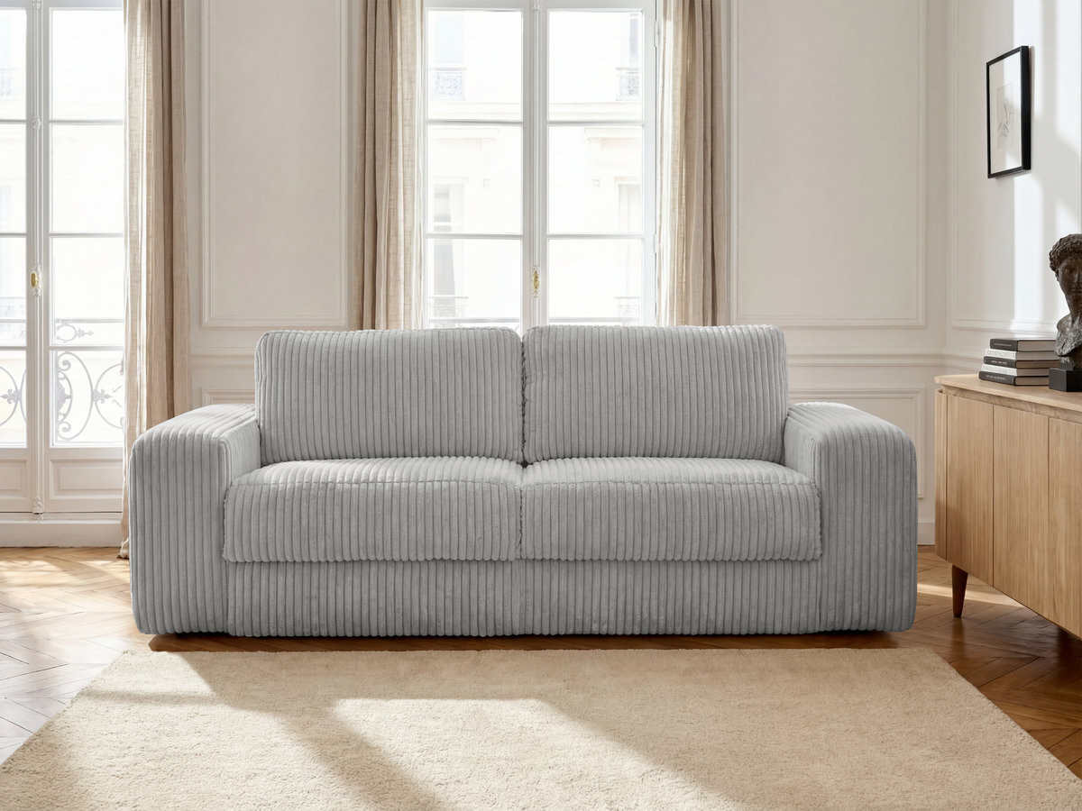 Bobochic Ibiza Schlafsofa 3-Sitzer Cordsamt Hellgrau, Liegefläche 160 × 196 cm
