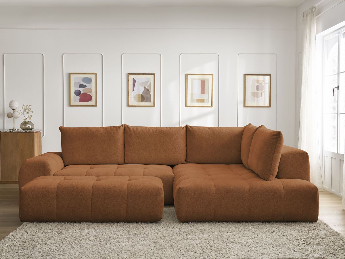 Bobochic Everest Ecksofa mit Schlaffunktion und Bettkasten und Pouf 320 × 212 cm, 5 Kissen Melange-Stoff Orange Ecke rechts