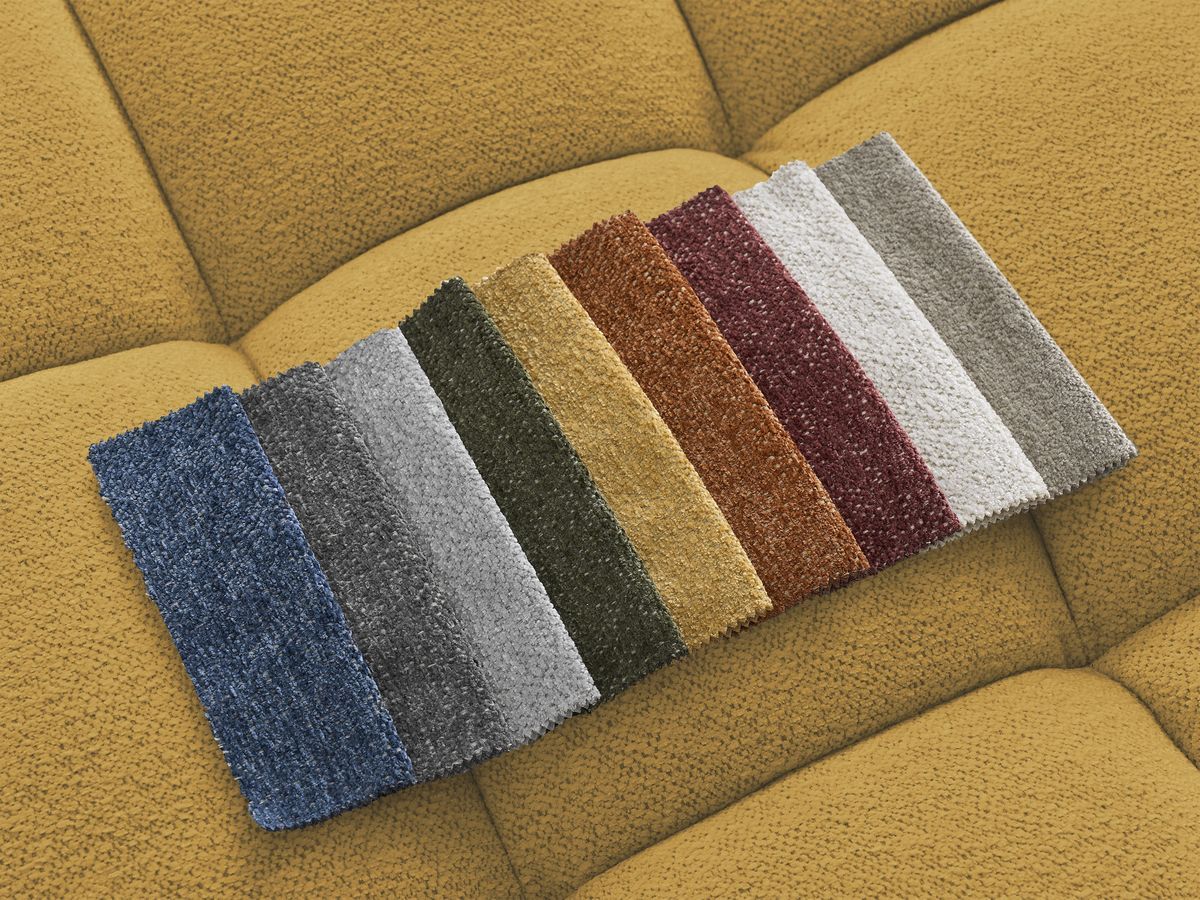 Bobochic Everest Ecksofa mit Schlaffunktion und Bettkasten und Pouf 318 × 180 cm, 3 Kissen Melange-Stoff Gelb Ecke rechts