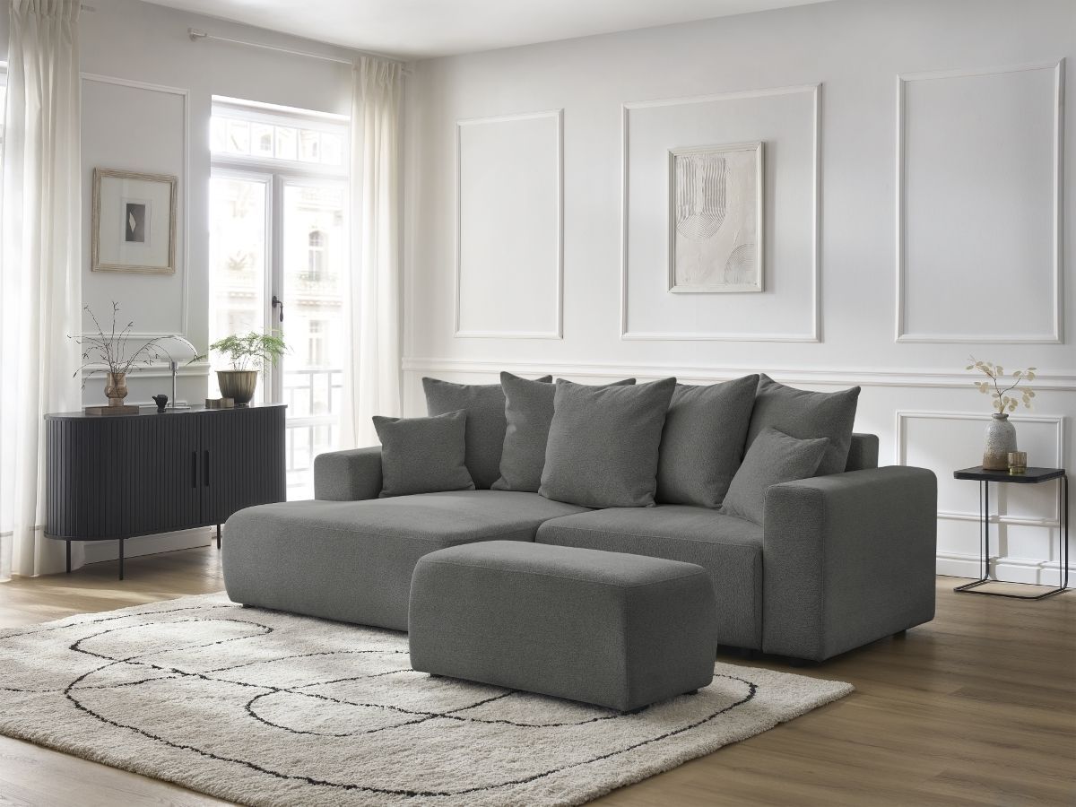 Bobochic Atilla Ecksofa mit Schlaffunktion und Bettkasten und Pouf Melange-Stoff Dunkelgrau Ecke links