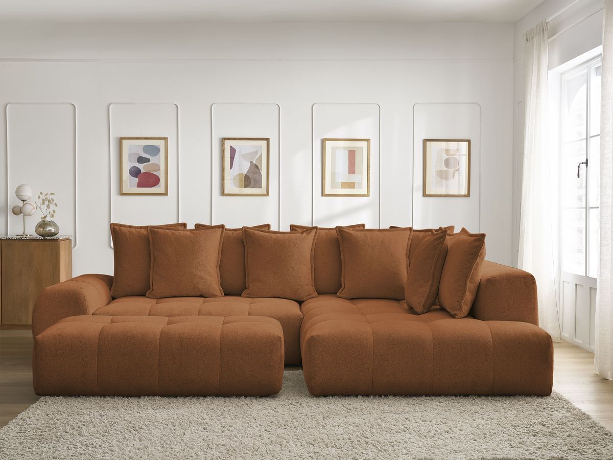 Bobochic Everest Ecksofa mit Schlaffunktion und Bettkasten und Pouf 320 × 212 cm, 10 Kissen Melange-Stoff Orange Ecke rechts