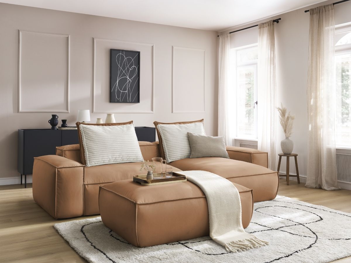 Bobochic Boheme Ecksofa mit Pouf Kunstleder Hellbraun