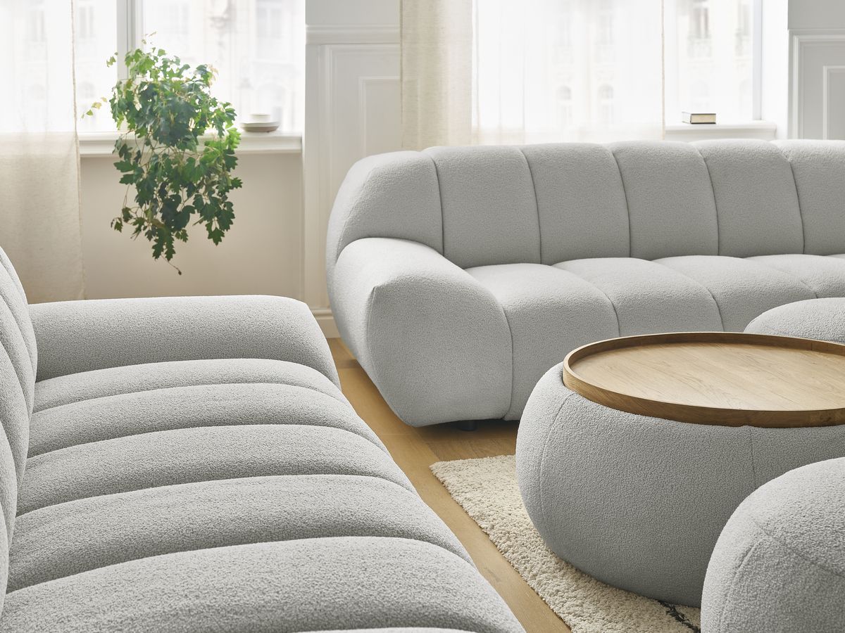 Bobochic Hayden Sofa 7-Sitzer mit Pouf Bouclé-Stoff Hellgrau