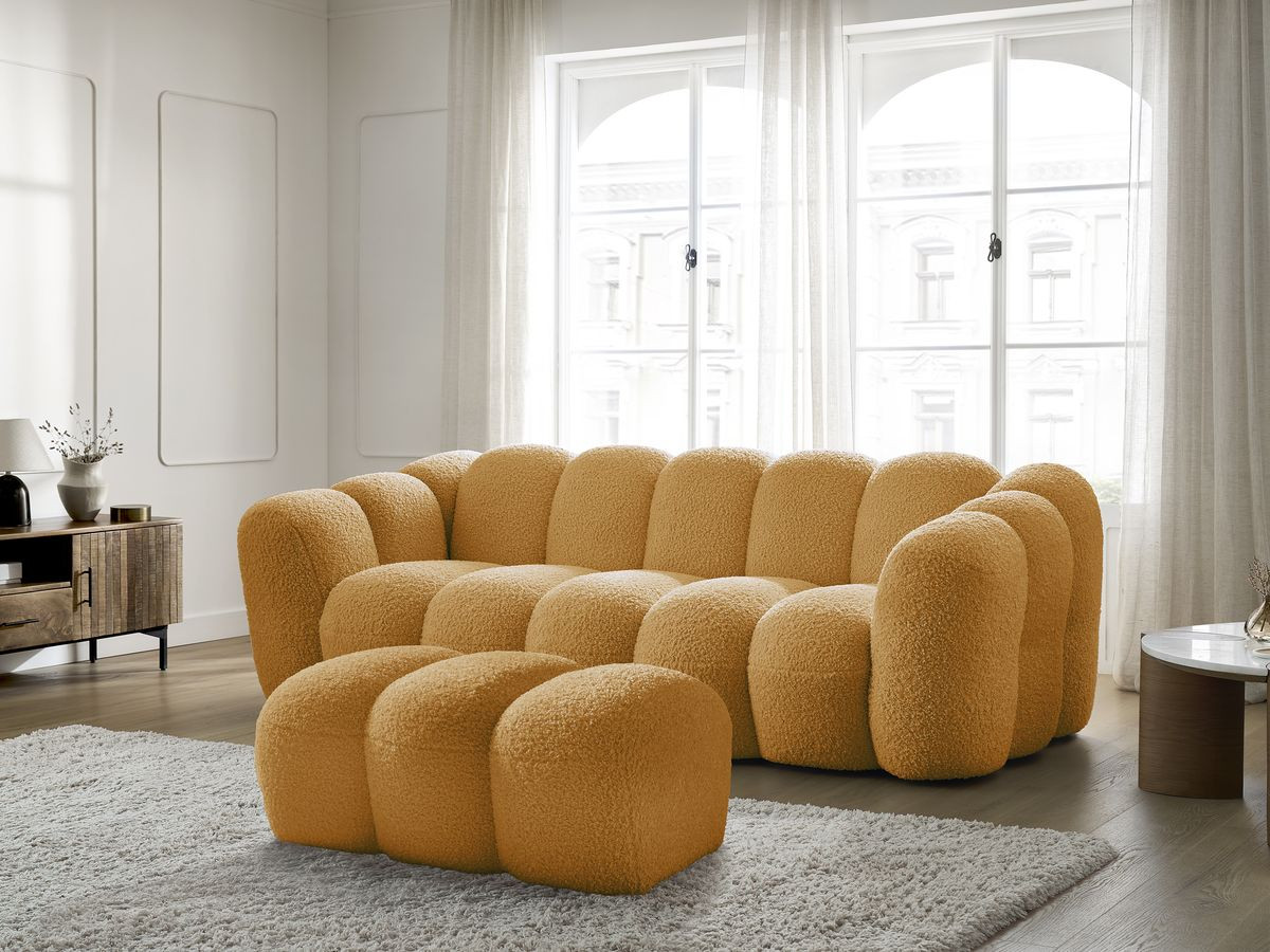 Bobochic Hippolyte Sofa 3-Sitzer mit Pouf Bouclé-Stoff Gelb
