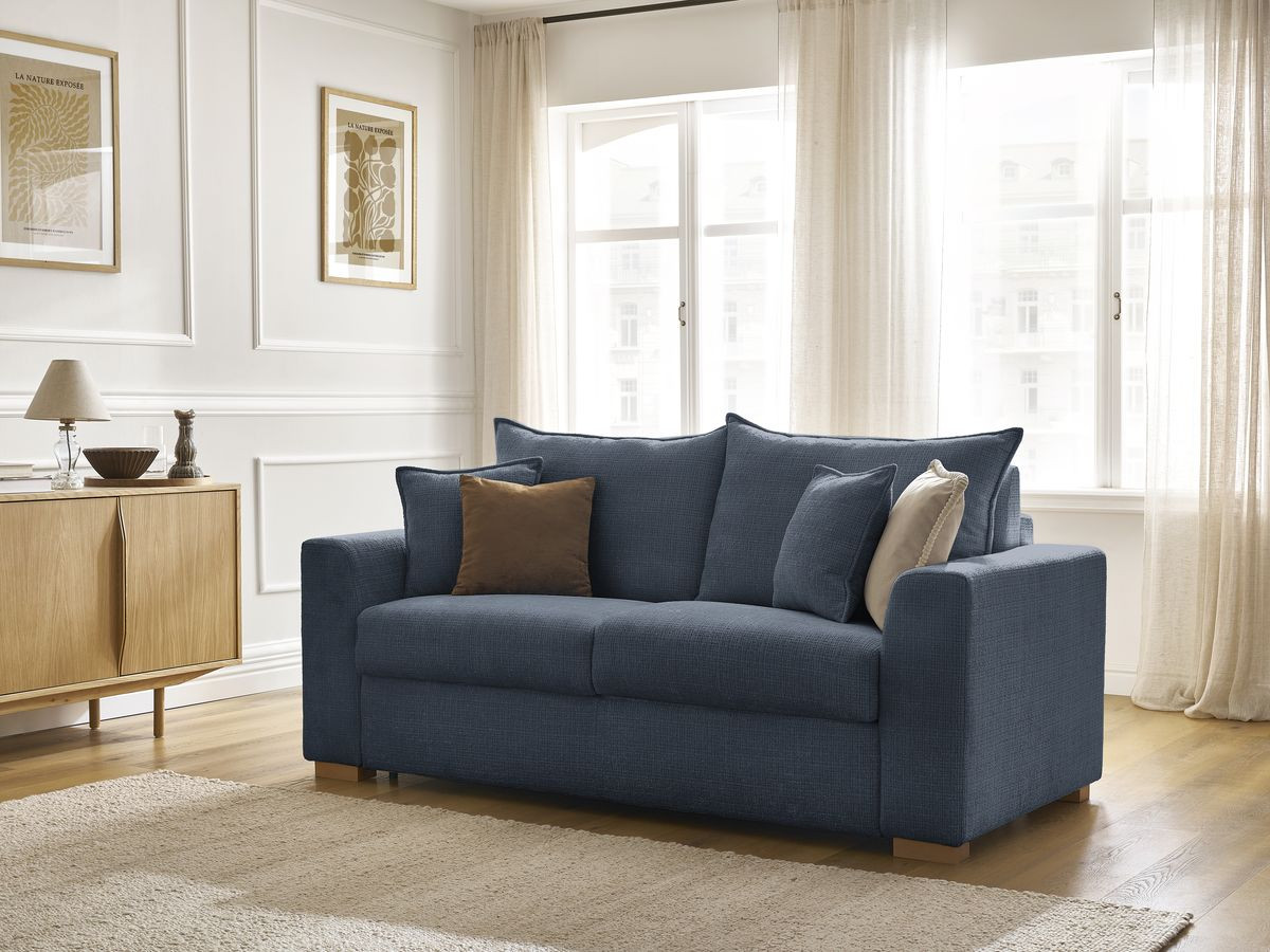 Bobochic Augustin Schlafsofa 3-Sitzer Strukturstoff Dunkelblau, Liegefläche 140 × 200 cm
