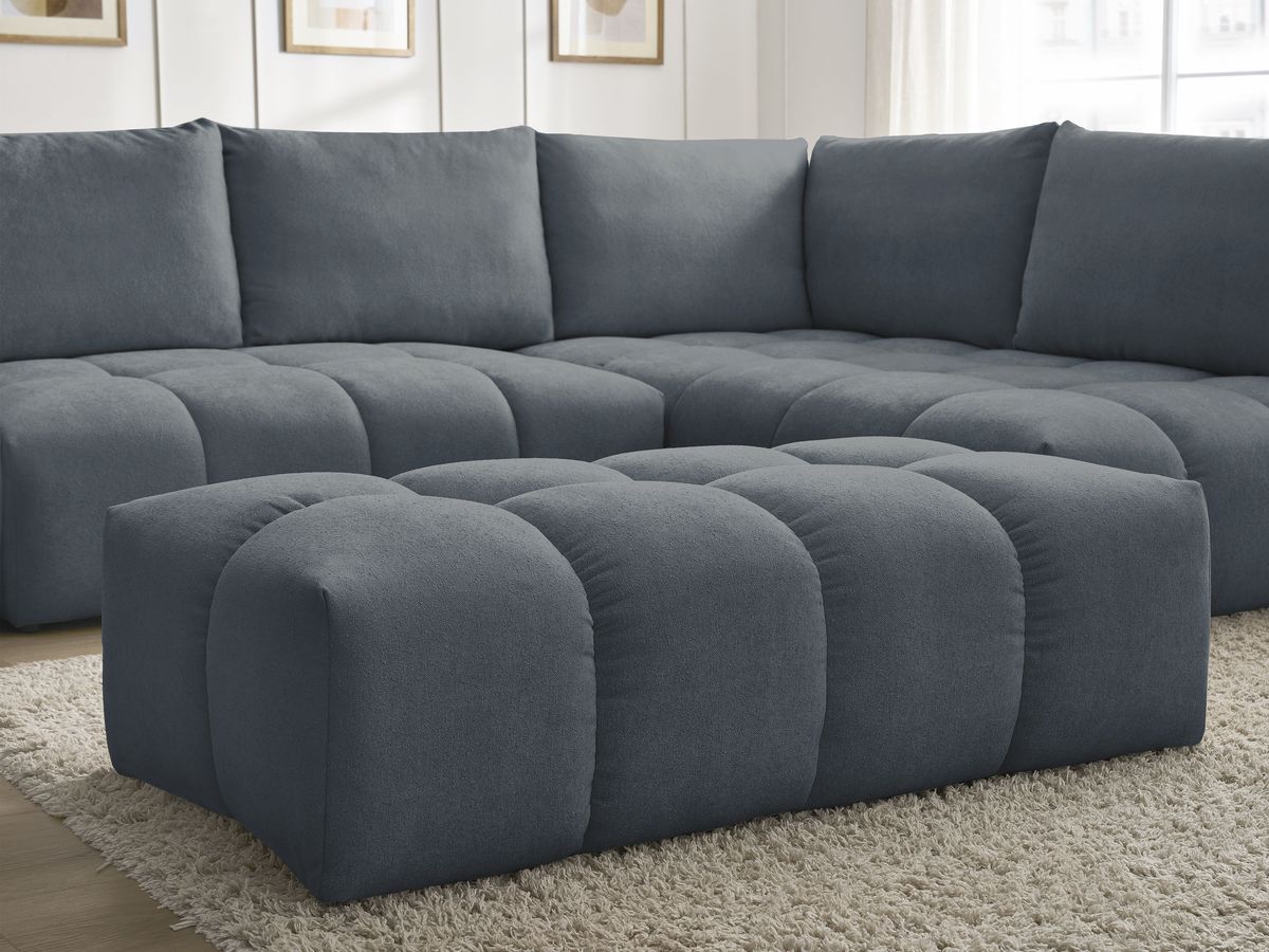 Bobochic Everest Ecksofa mit Schlaffunktion und Bettkasten und Pouf 320 × 212 cm, 5 Kissen Strukturstoff Dunkelblau Ecke rechts