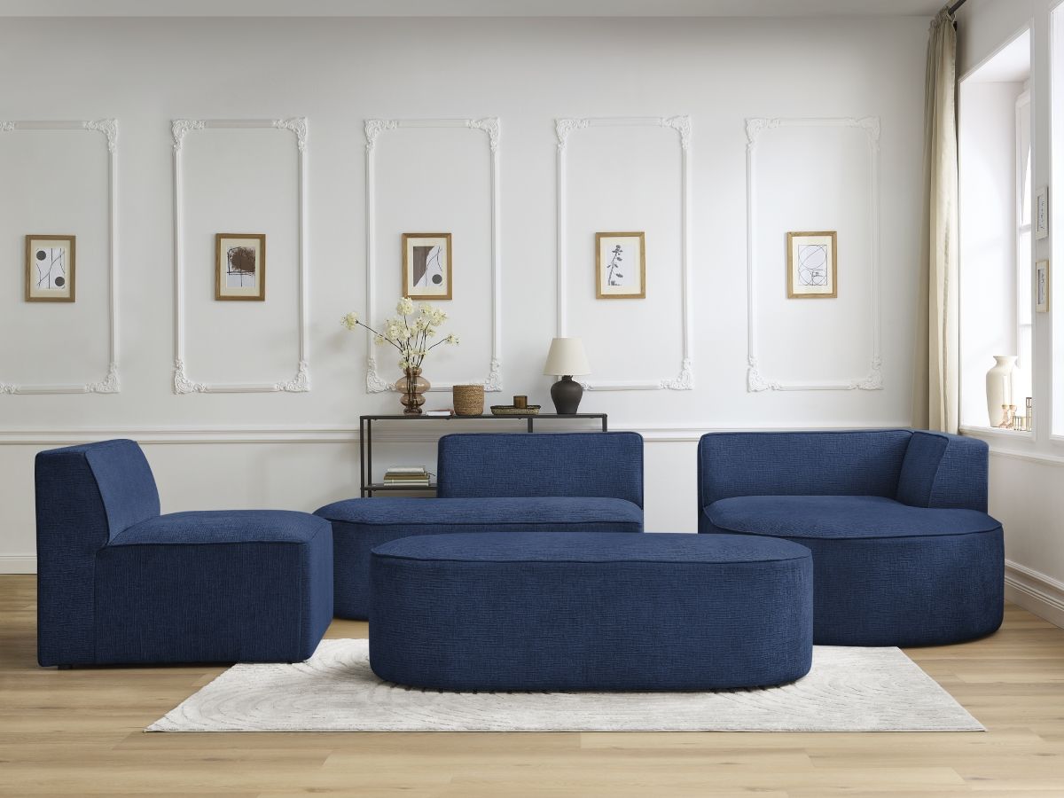 Bobochic Rousseau Ecksofa mit Sofamodul und Pouf Strukturstoff Dunkelblau Ecke rechts