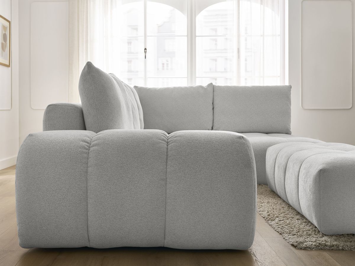 Bobochic Everest Ecksofa mit Schlaffunktion und Bettkasten und Pouf 320 × 212 cm, 5 Kissen Melange-Stoff Hellgrau Ecke rechts