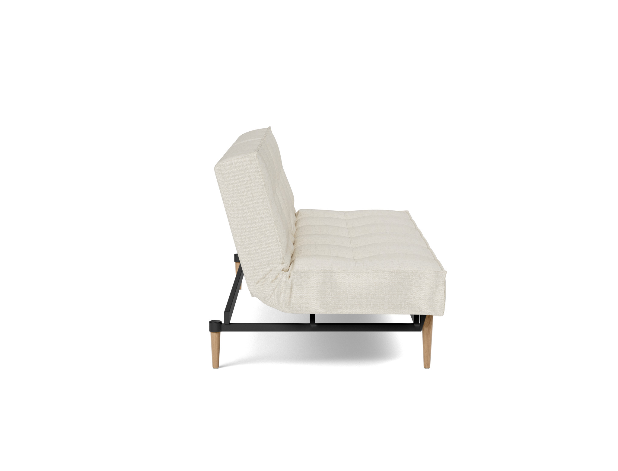 Schlafsofa Splitback Boucle Skandi 531-Off-White Beine Styletto Eiche hell