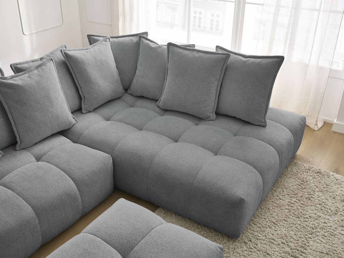 Bobochic Everest Ecksofa mit Schlaffunktion und Bettkasten und Pouf 320 × 212 cm, 10 Kissen Melange-Stoff Dunkelgrau Ecke rechts