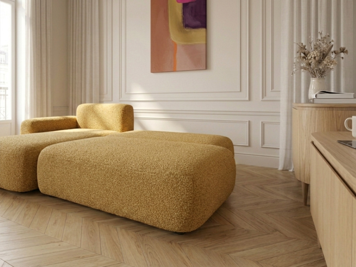 Bobochic Tango Ecksofa mit Schlaffunktion und Bettkasten Bouclé-Stoff Gelb Ecke links