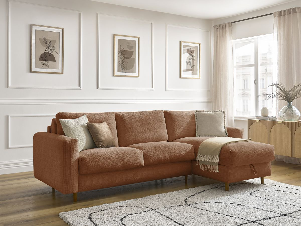 Bobochic Cocoone Ecksofa mit Schlaffunktion und Bettkasten Strukturstoff Orange, Liegefläche 140 × 200 cm