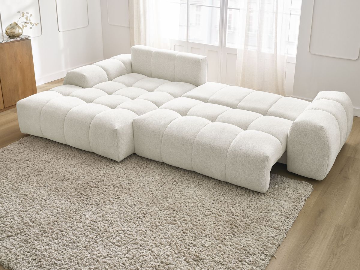 Bobochic Everest Ecksofa mit Schlaffunktion und Bettkasten 318 × 180 cm, 7 Kissen Melange-Stoff Weiß Ecke links