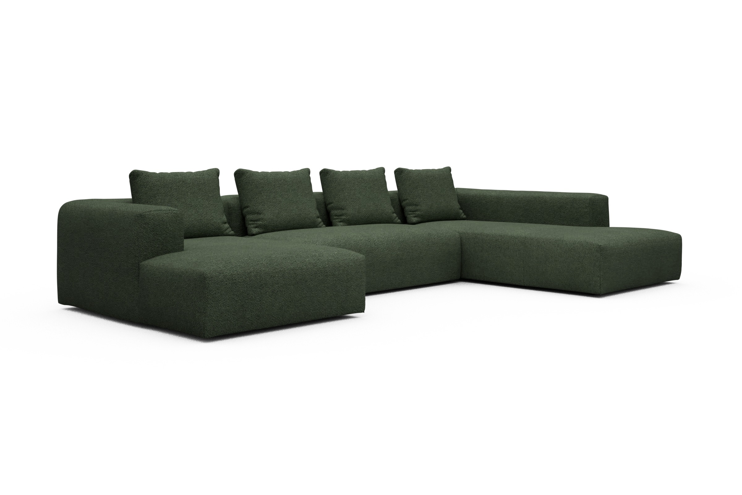 Wohnlandschaft Fred Relax-Ecke rechts mit 2-Sitzer und Chaiselongue links Boucle Vanora 869-Deep-Green
