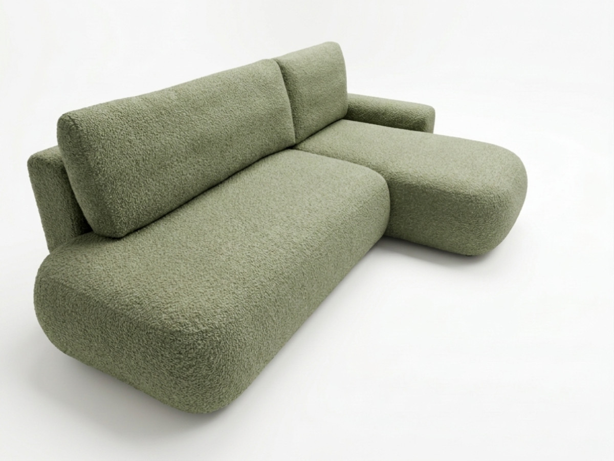 Bobochic Tango Ecksofa mit Schlaffunktion und Bettkasten Bouclé-Stoff Grün Ecke rechts