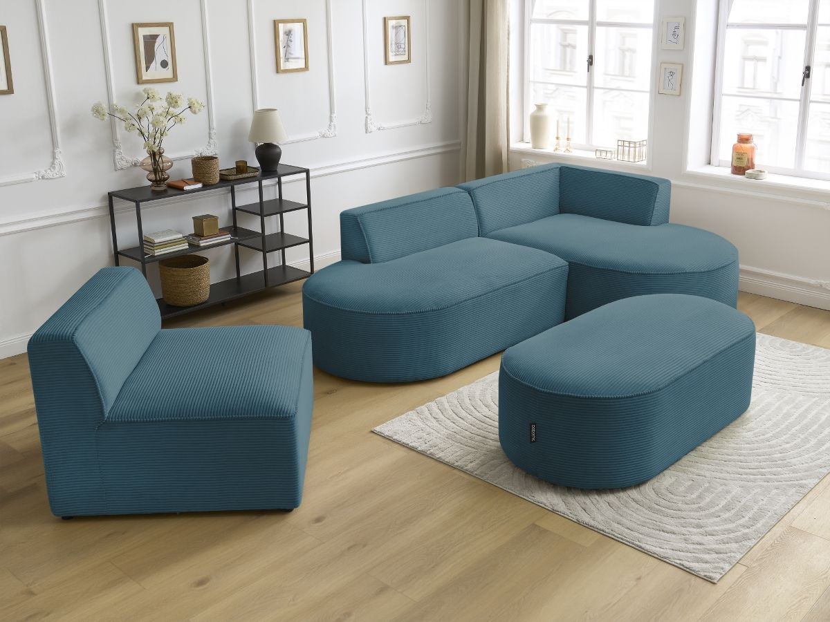 Bobochic Rousseau Ecksofa mit Sofamodul und Pouf Cordsamt Dunkelblau Ecke rechts