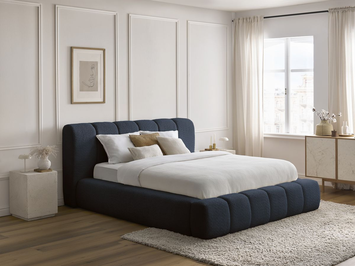 Bobochic Denali Polsterbett mit Bettkasten Bouclé-Stoff Dunkelblau, Liegefläche 140 × 190 cm