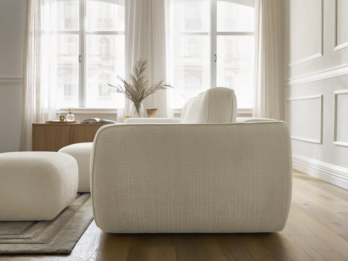 Bobochic Denise Ecksofa mit Schlaffunktion und Bettkasten und Pouf 258 × 160 cm Strukturstoff Beige Ecke links