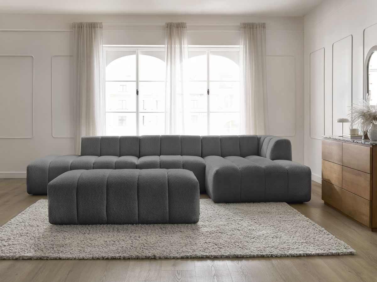 Bobochic Annecy Ecksofa mit Sofamodul und Pouf Bouclé-Stoff Dunkelgrau Ecke rechts