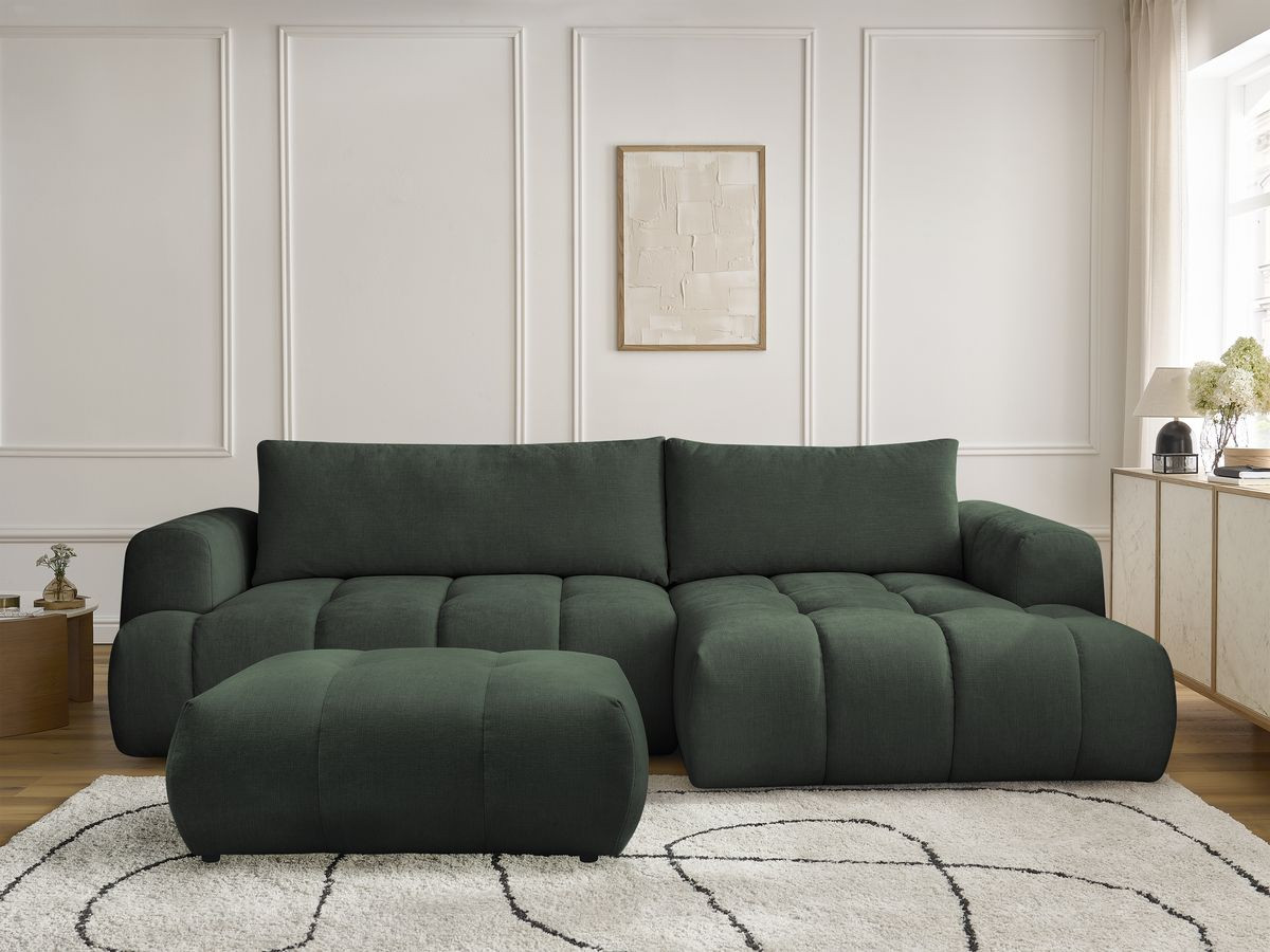 Bobochic Fuji Ecksofa mit Schlaffunktion und Bettkasten und Pouf 292 × 160 cm Stoff Grün Ecke rechts