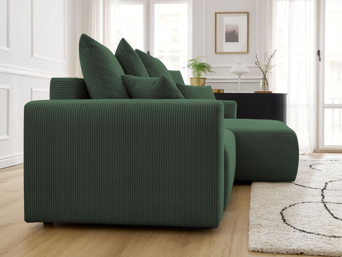 Bobochic Atilla Ecksofa mit Schlaffunktion und Bettkasten Cordsamt Dunkelgrün Ecke rechts