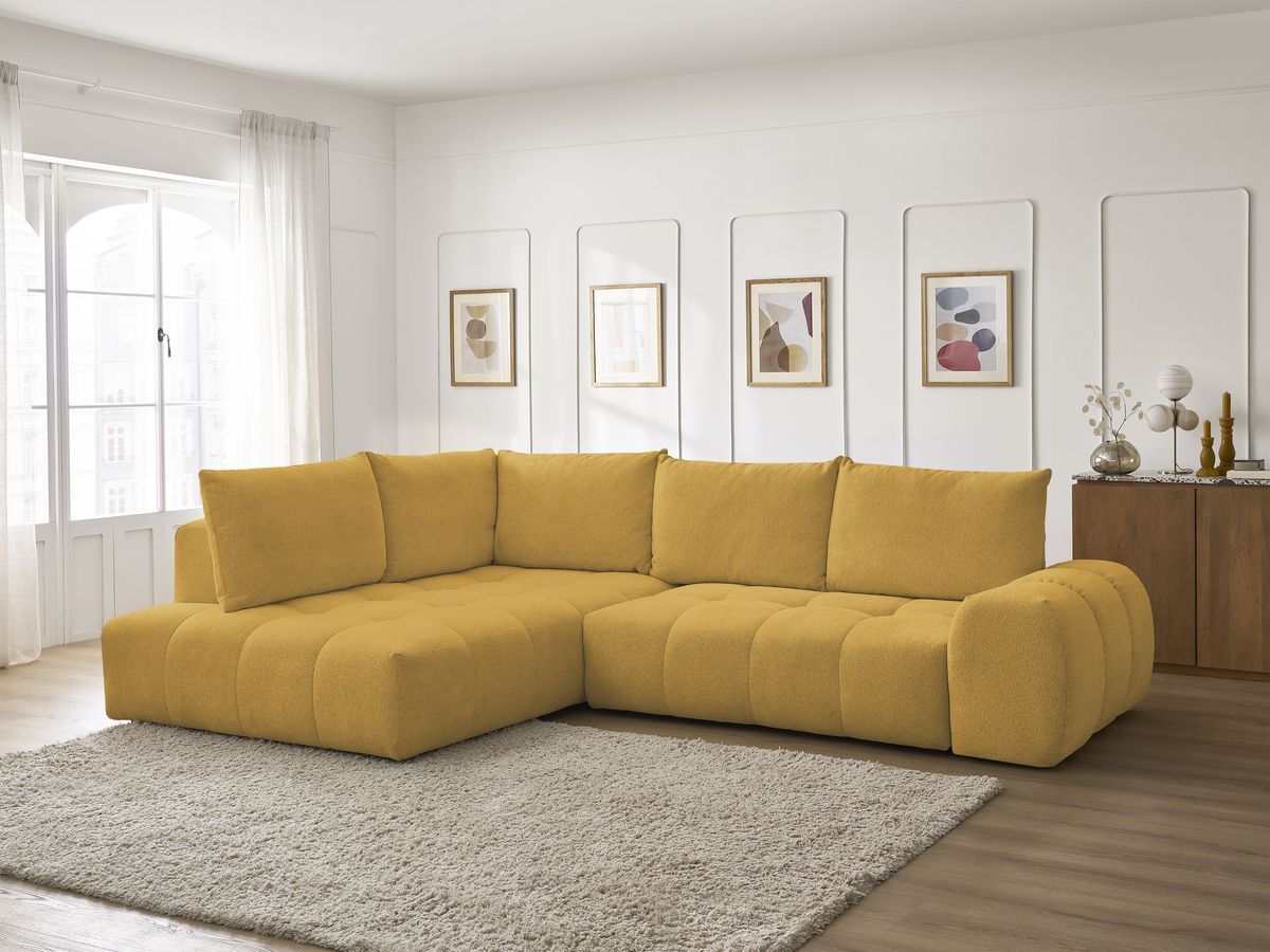 Bobochic Everest Ecksofa mit Schlaffunktion und Bettkasten 320 × 212 cm, 5 Kissen Melange-Stoff Gelb Ecke links