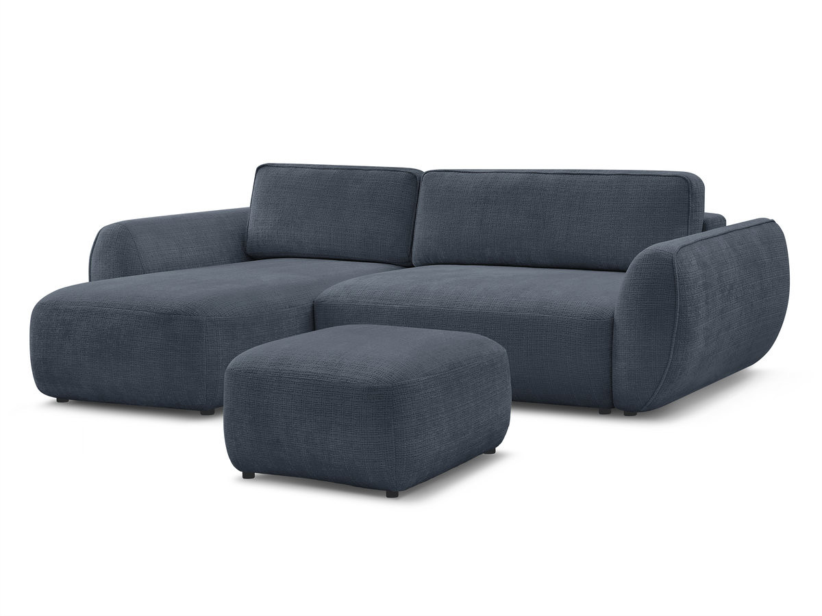 Bobochic Denise Ecksofa mit Schlaffunktion und Bettkasten und Pouf 258 × 160 cm Strukturstoff Dunkelblau Ecke links