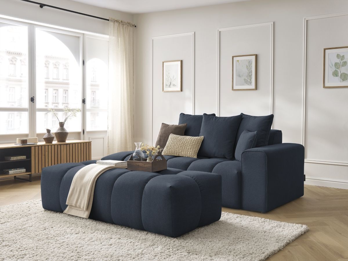 Bobochic Mont-blanc Sofa 5-Sitzer mit Pouf Melange-Stoff Dunkelblau Armlehne rechts