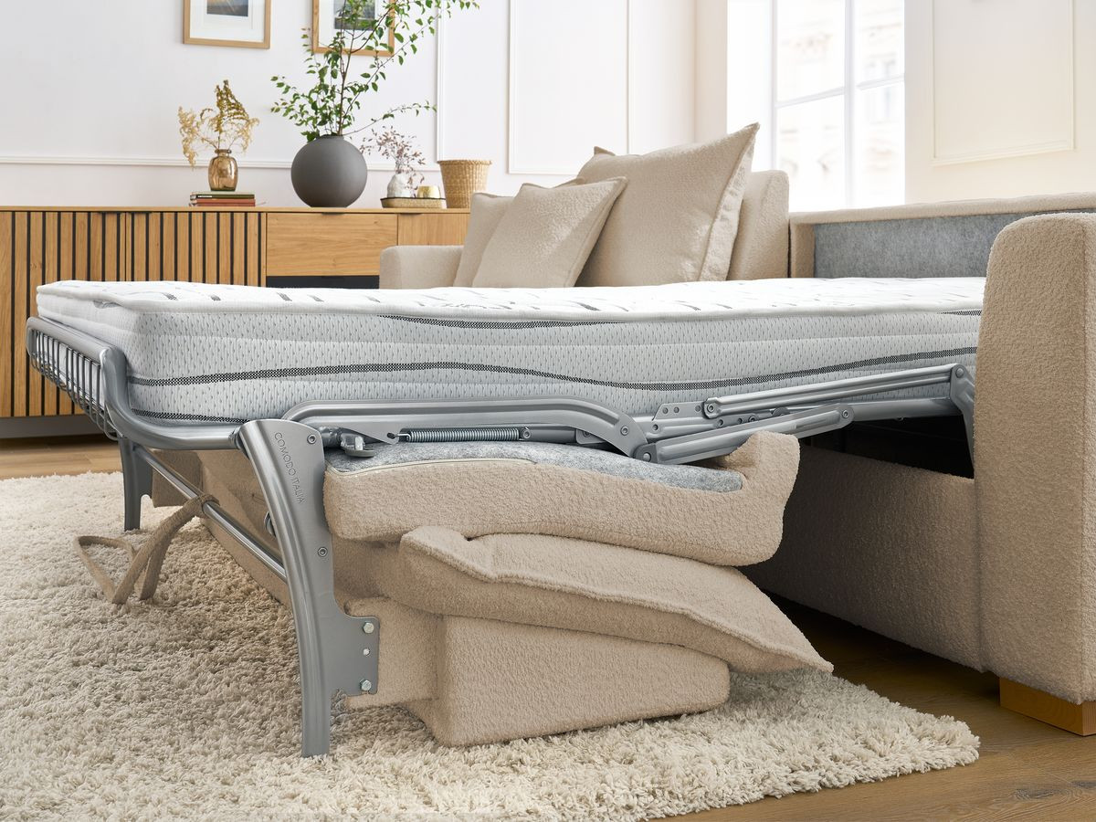 Bobochic Augustin Ecksofa mit Schlaffunktion und Bettkasten Bouclé-Stoff Beige, Liegefläche 160 × 200 cm