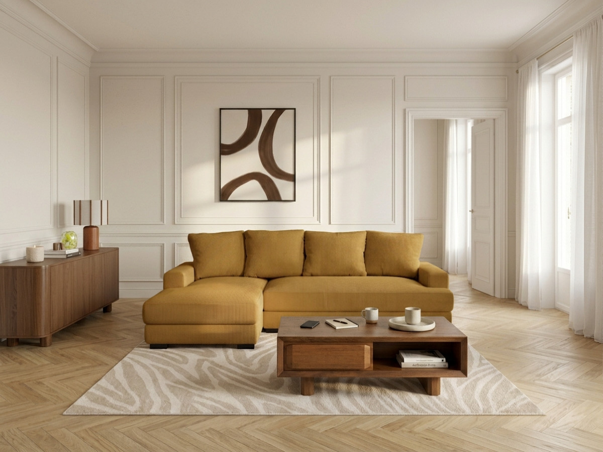 Bobochic Campi Ecksofa mit Schlaffunktion und Bettkasten Cordsamt Gelb Ecke links