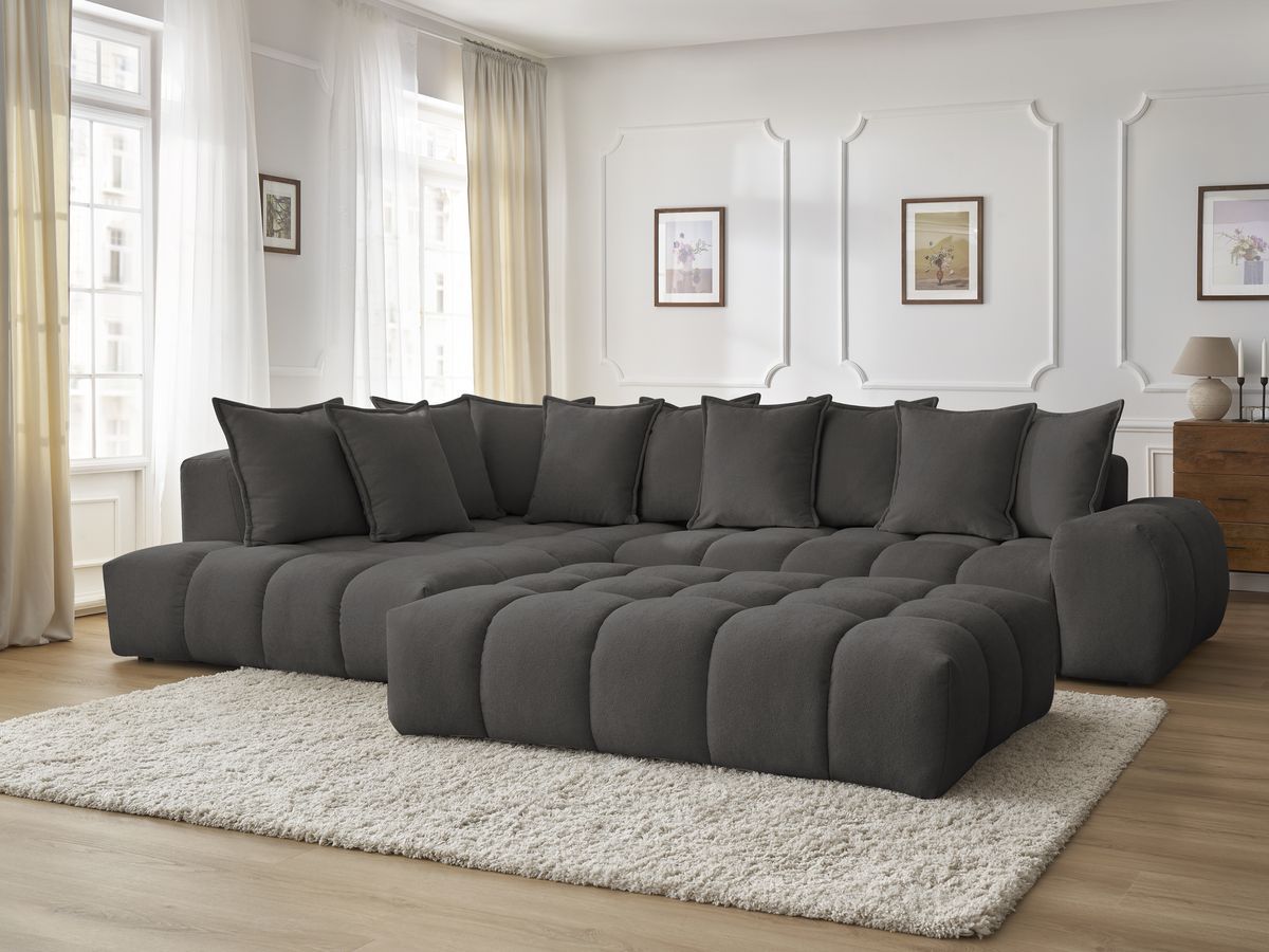 Bobochic Everest Ecksofa mit Schlaffunktion und Pouf, 10 Kissen Strukturstoff Dunkelgrau Ecke links